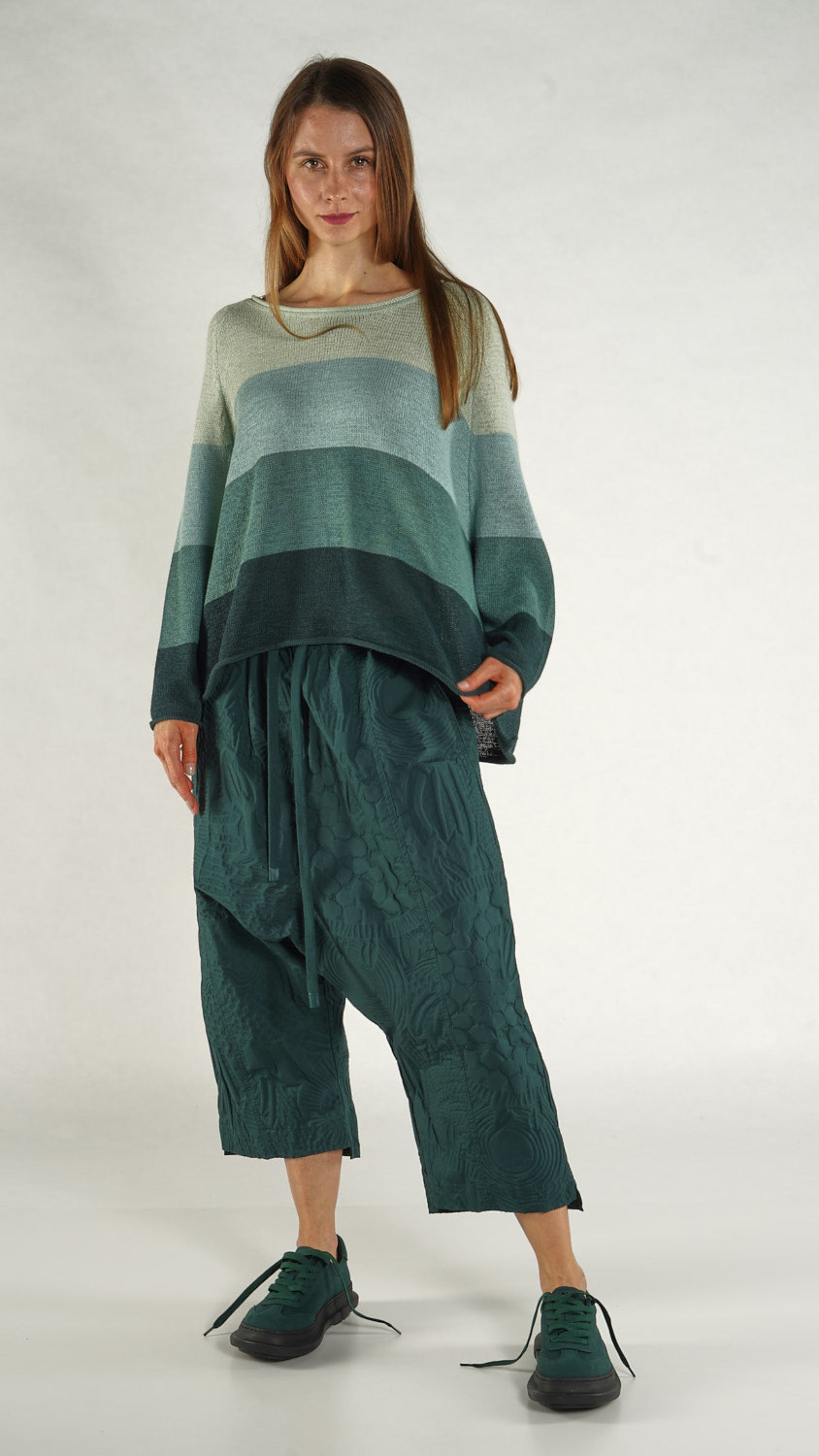 RUNDHOLZ BLACK LABEL Striped Boxy Knit Pullover in Rainforest