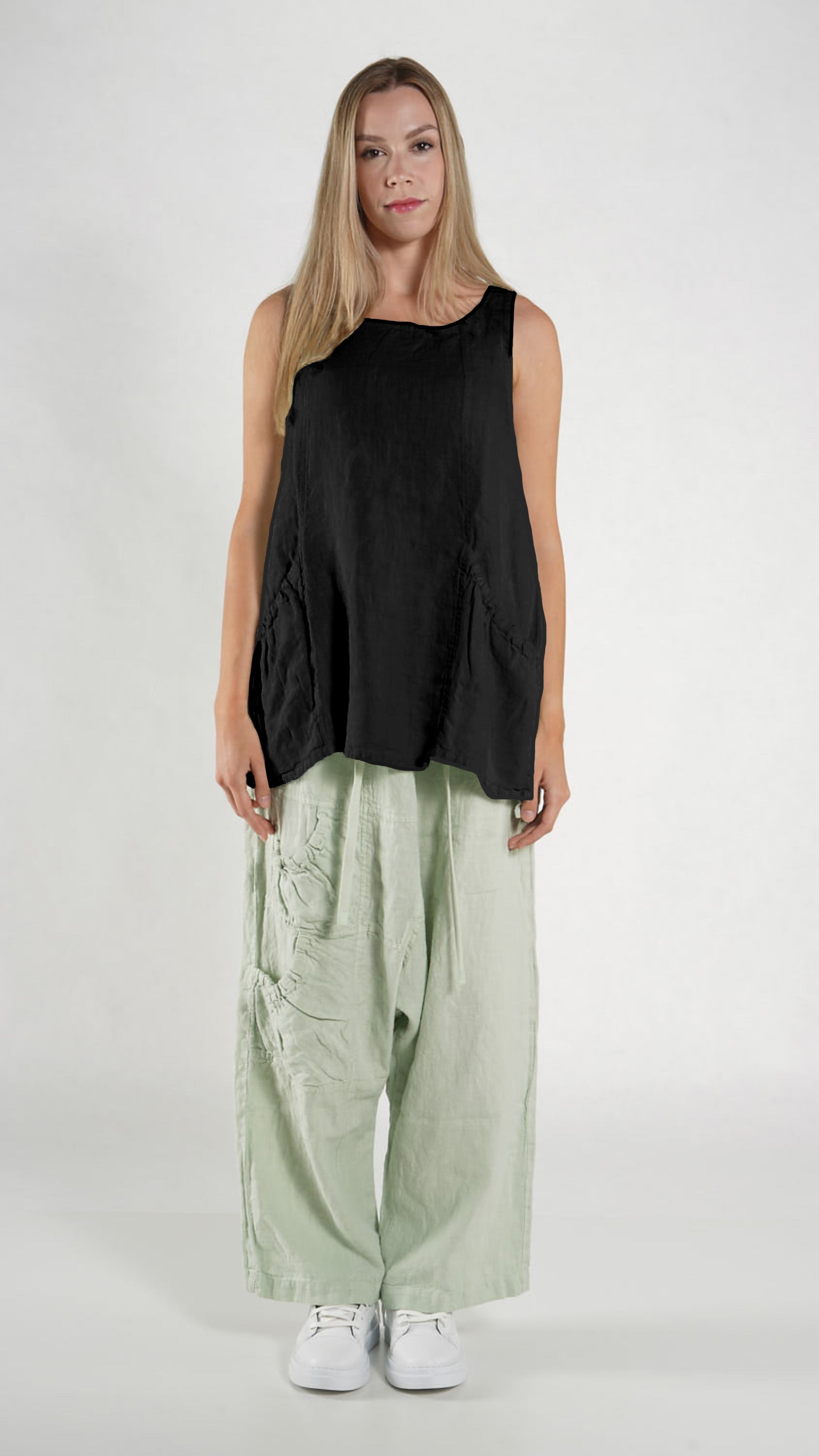 RUNDHOLZ BLACK LABEL Sleeveless A-line Linen Top in Black