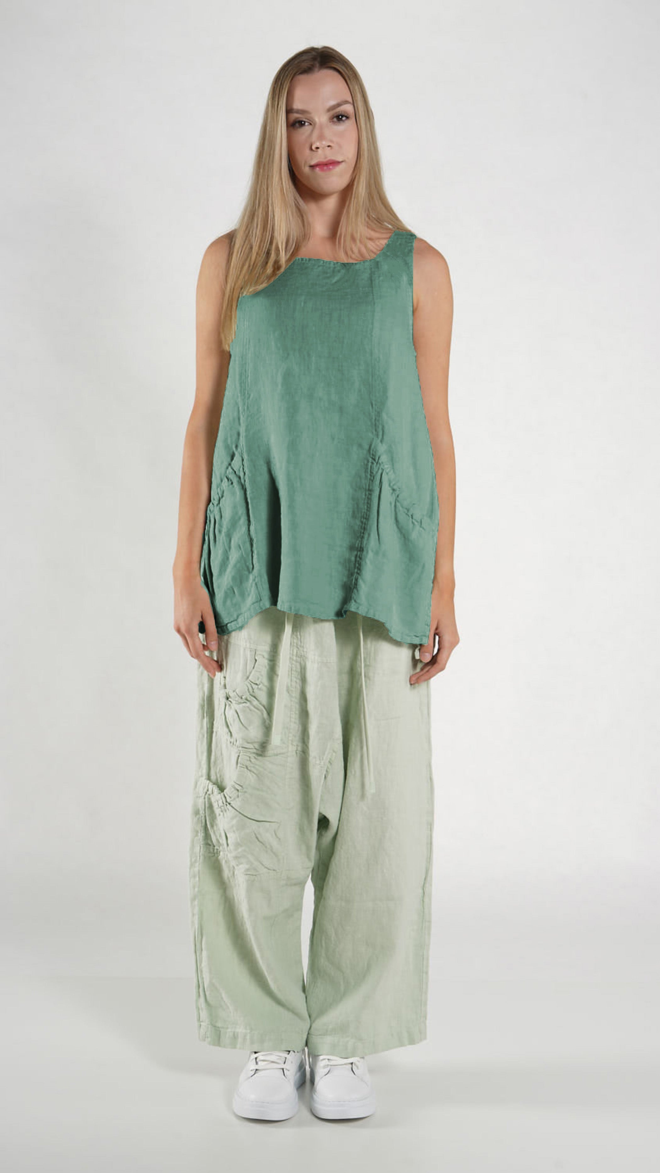 RUNDHOLZ BLACK LABEL Sleeveless A-line Linen Top in Grass