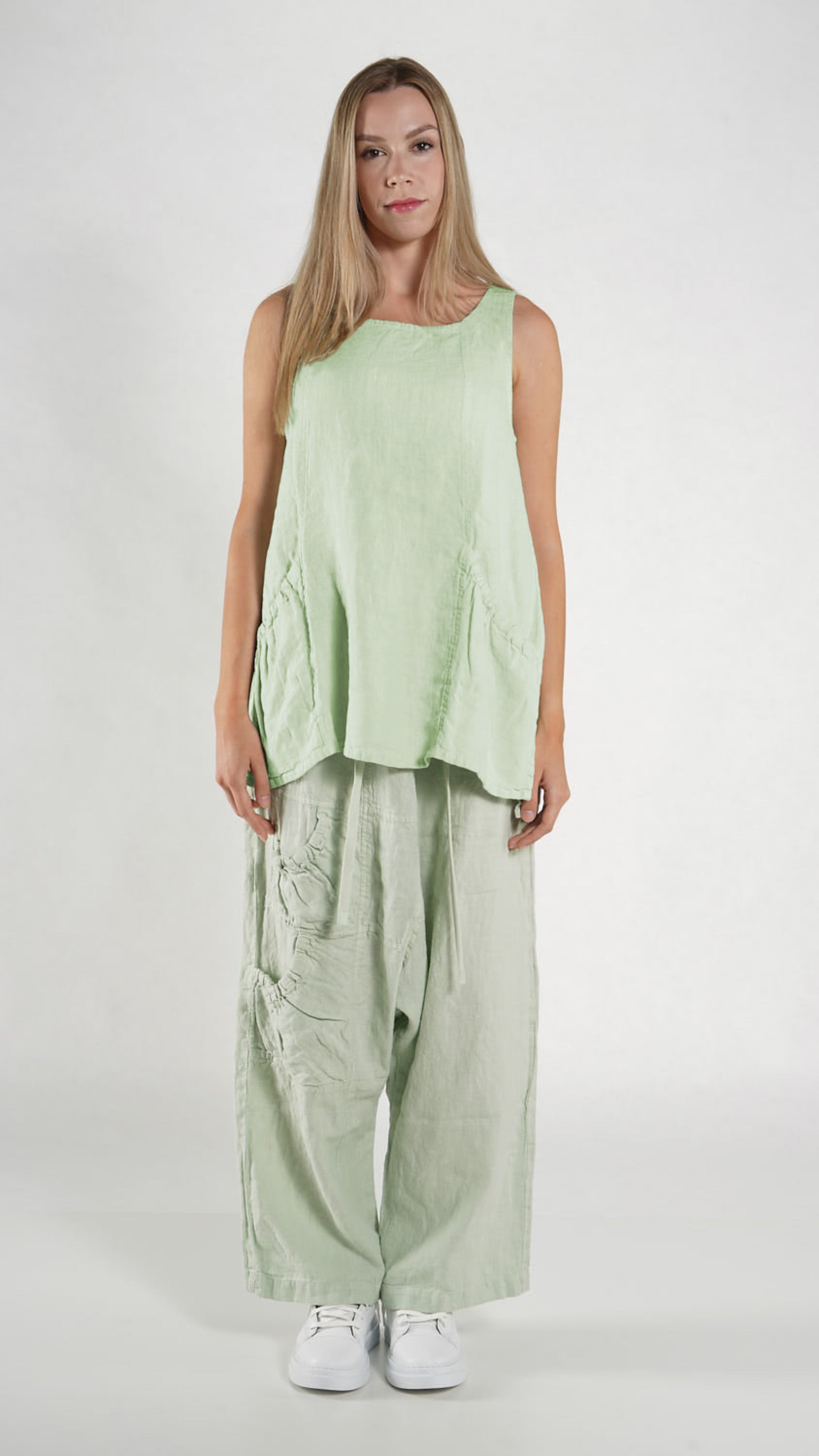 RUNDHOLZ BLACK LABEL Sleeveless A-line Linen Top in Lime