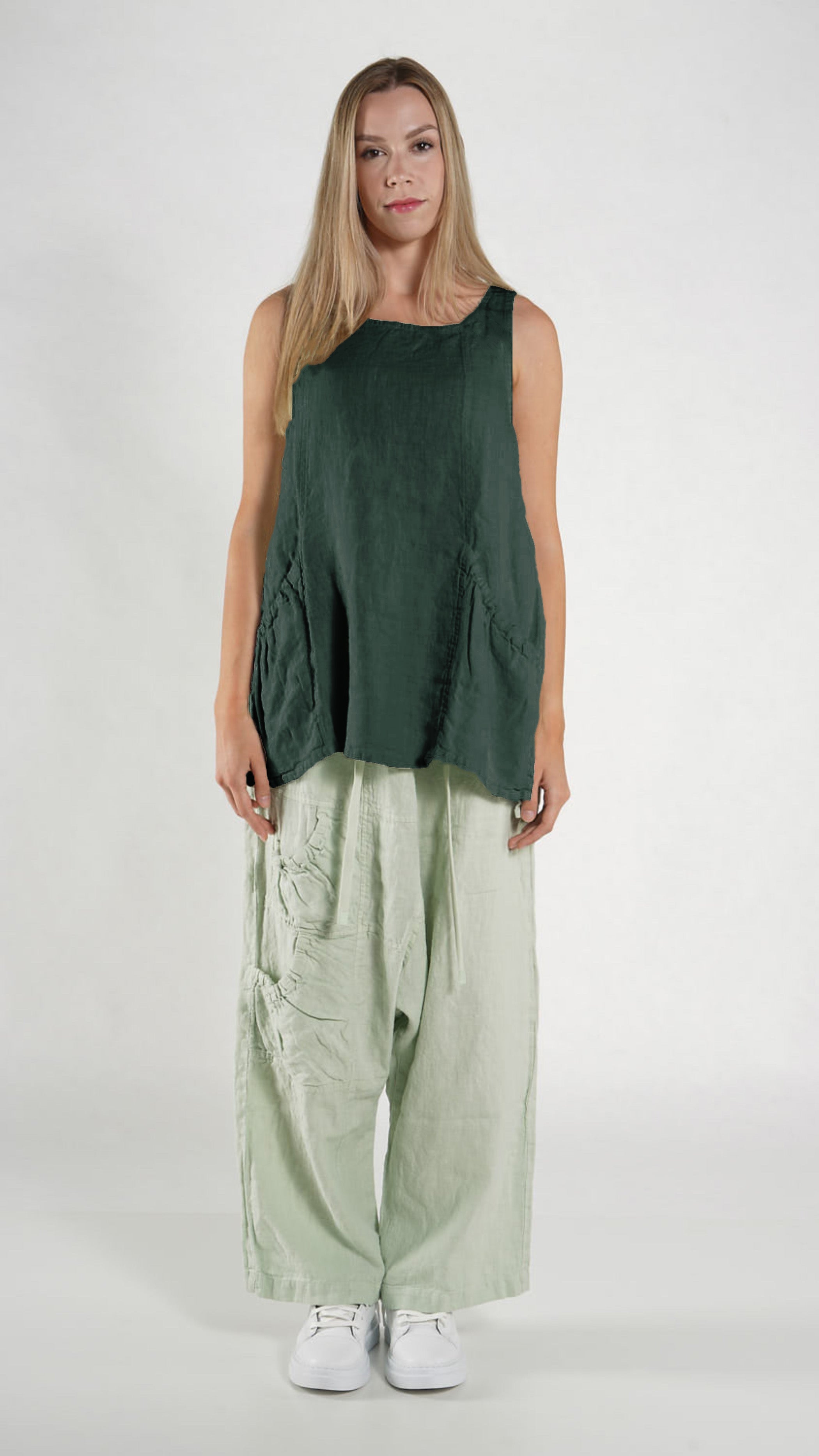 RUNDHOLZ BLACK LABEL Sleeveless A-line Linen Top in Tree