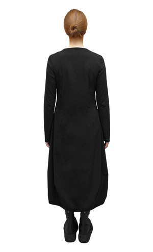 Women's long sleeve, round neck A-line dress with circular in-set front pockets. Made in a technical fabric from Black Label. In colour Black. Back view. 
