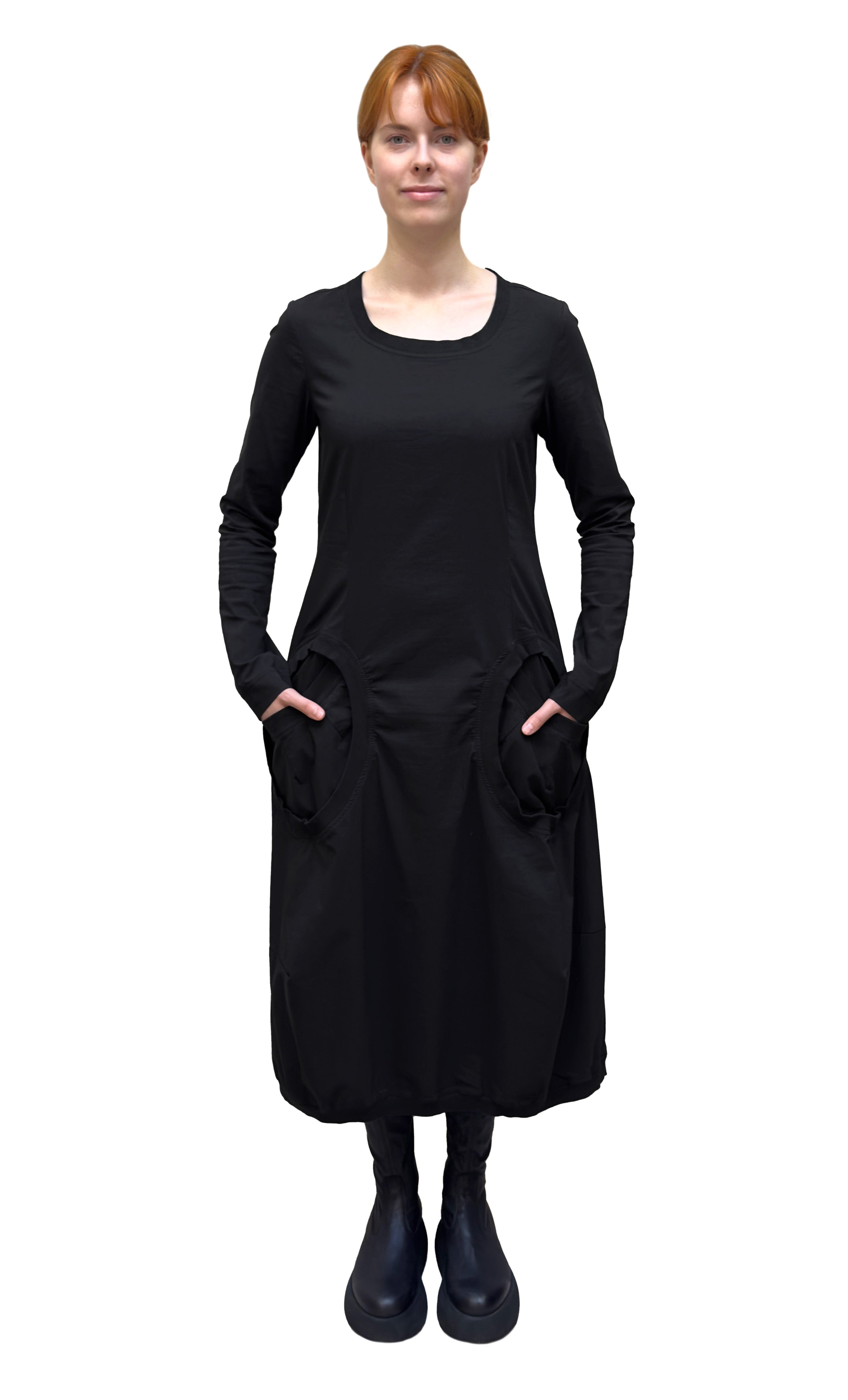 Women's long sleeve, round neck A-line dress with circular in-set front pockets. Made in a technical fabric from Black Label. In colour Black. Full front view. 