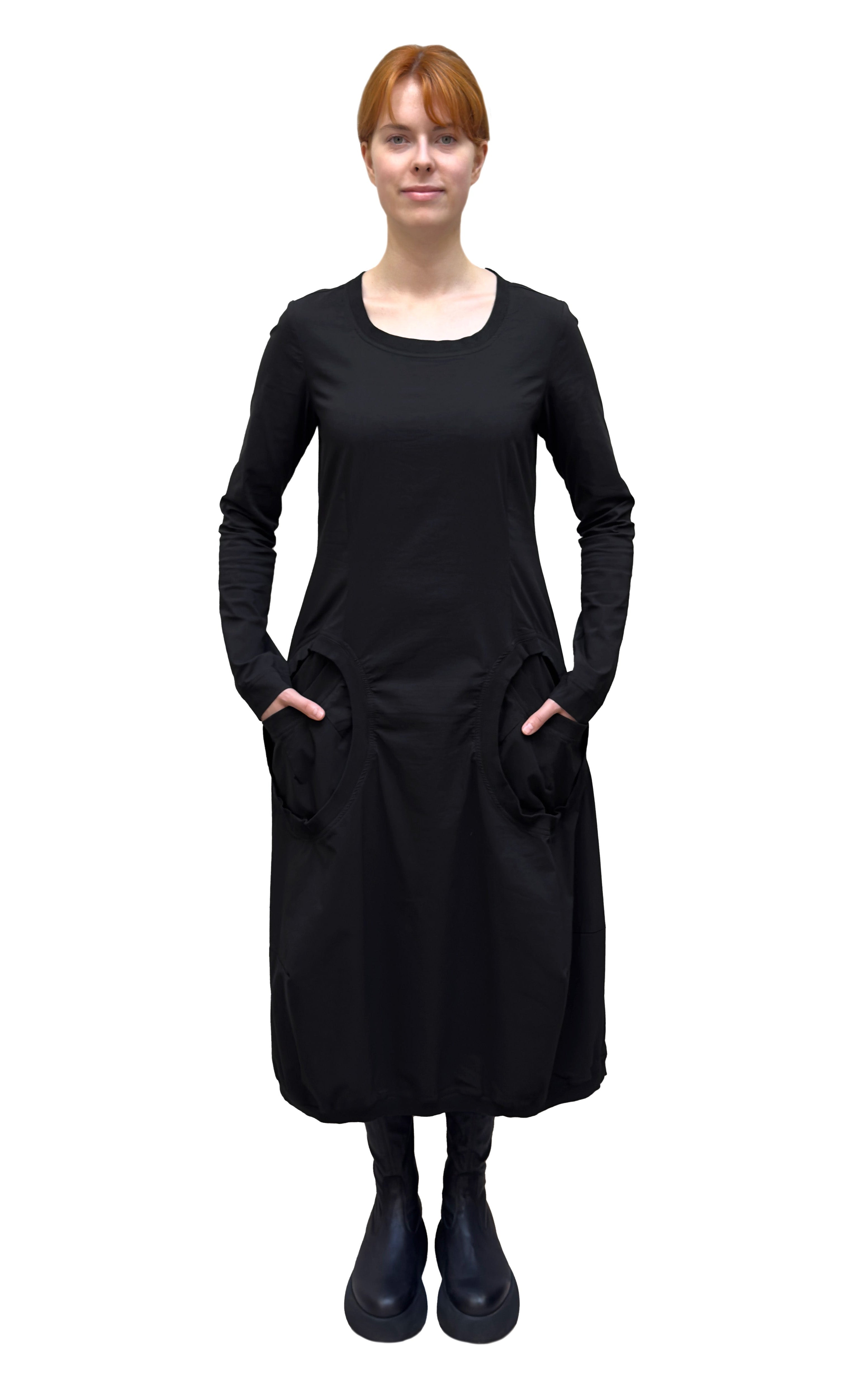 Women's long sleeve, round neck A-line dress with circular in-set front pockets. Made in a technical fabric from Black Label. In colour Black. Full front view. 