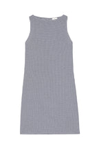A sleeveless A-line dress with a small-scale navy and white gingham check pattern, shown flat against a solid white background.
