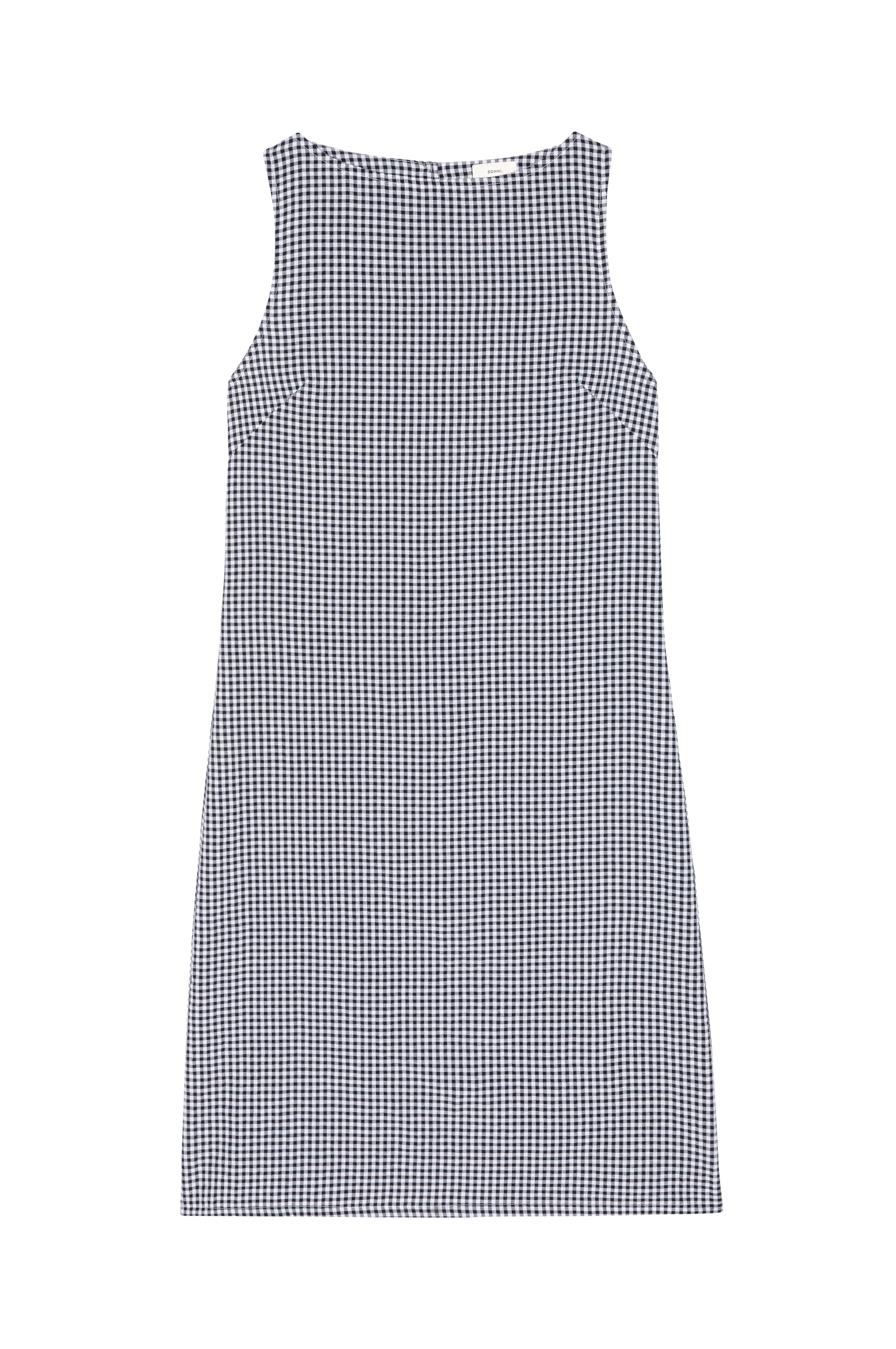 A sleeveless A-line dress with a small-scale navy and white gingham check pattern, shown flat against a solid white background.