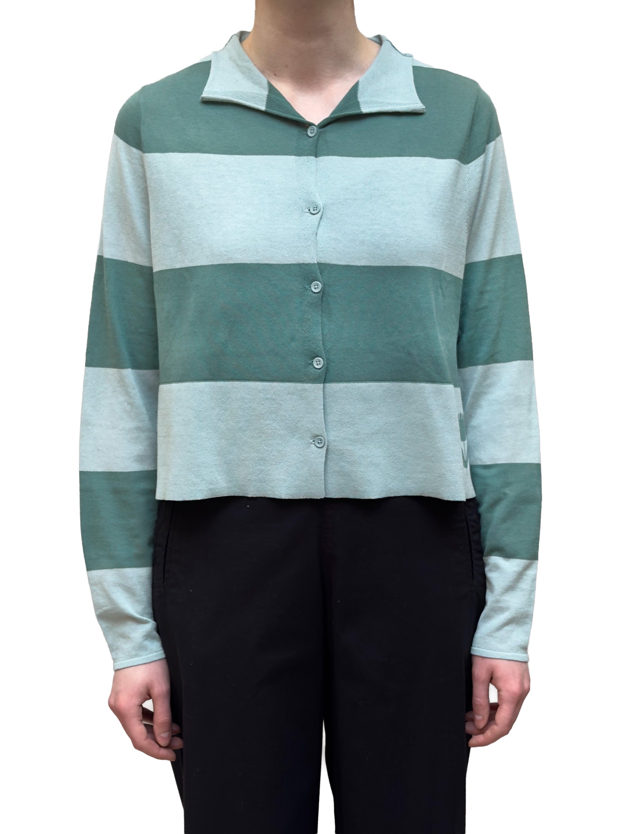 RUNDHOLZ BLACK LABEL Cropped Knit Tulip Cardigan in Mint/Grass Stripes