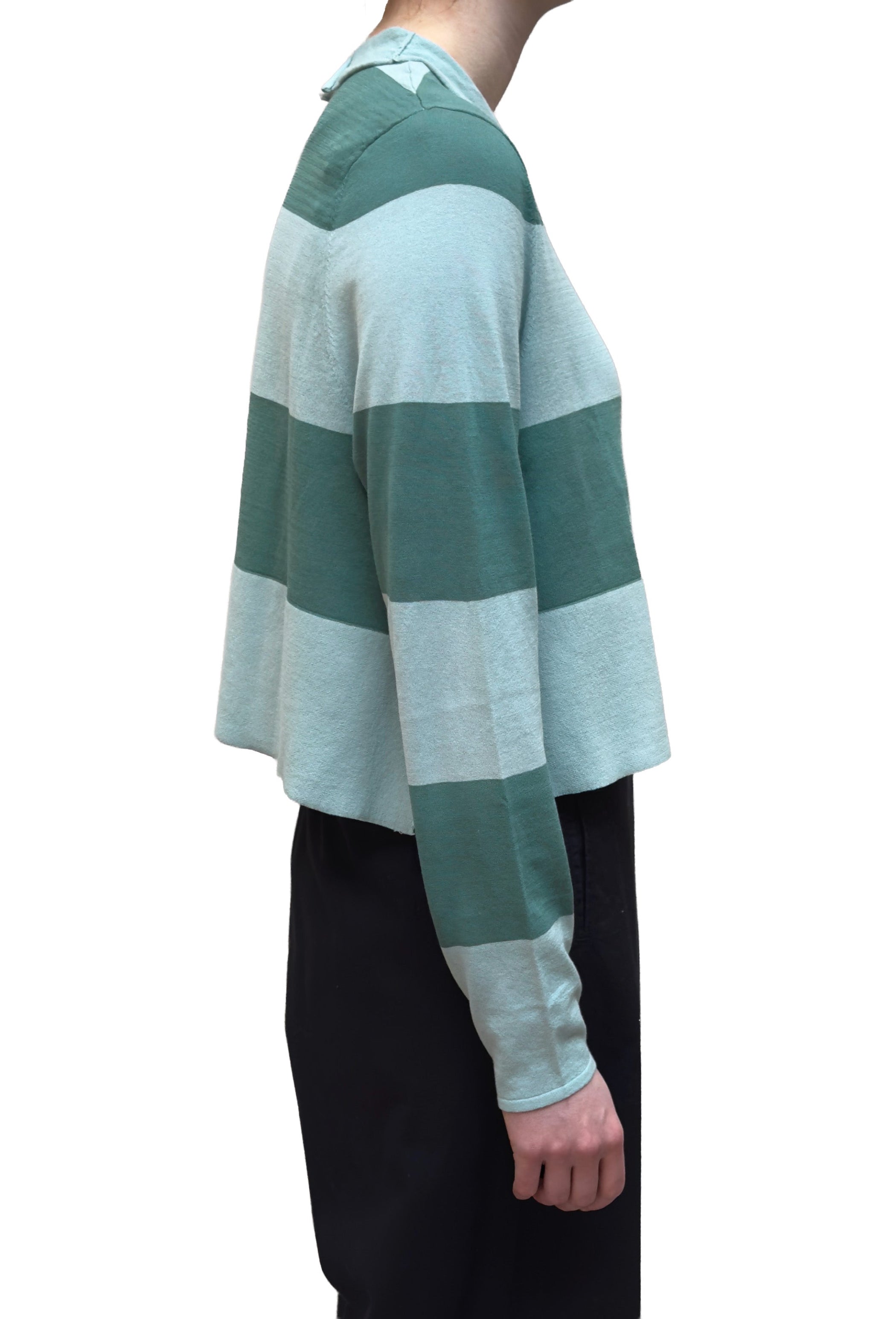 RUNDHOLZ BLACK LABEL Cropped Knit Tulip Cardigan in Mint/Grass Stripes