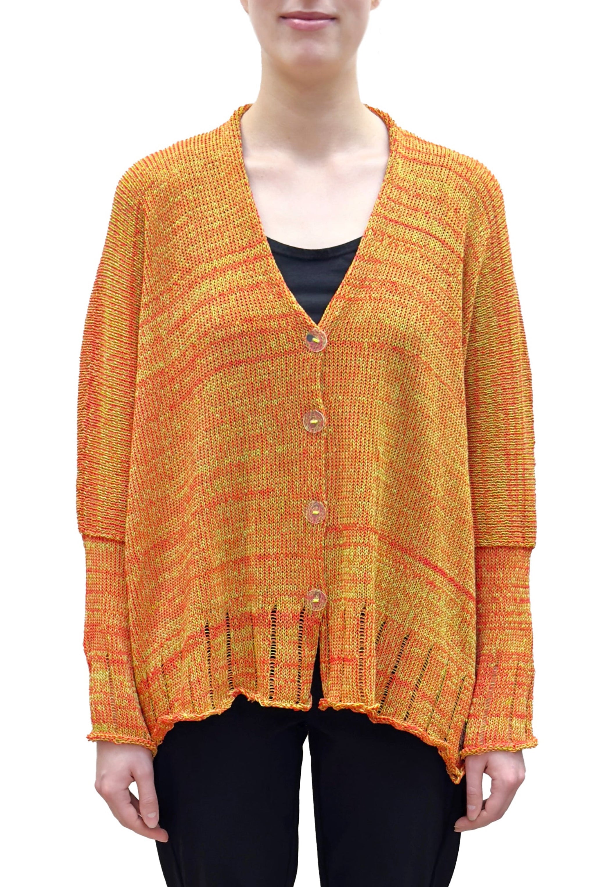 Paper Temples Relaxed V-Neck Cardigan in Orange and Lime Yellow