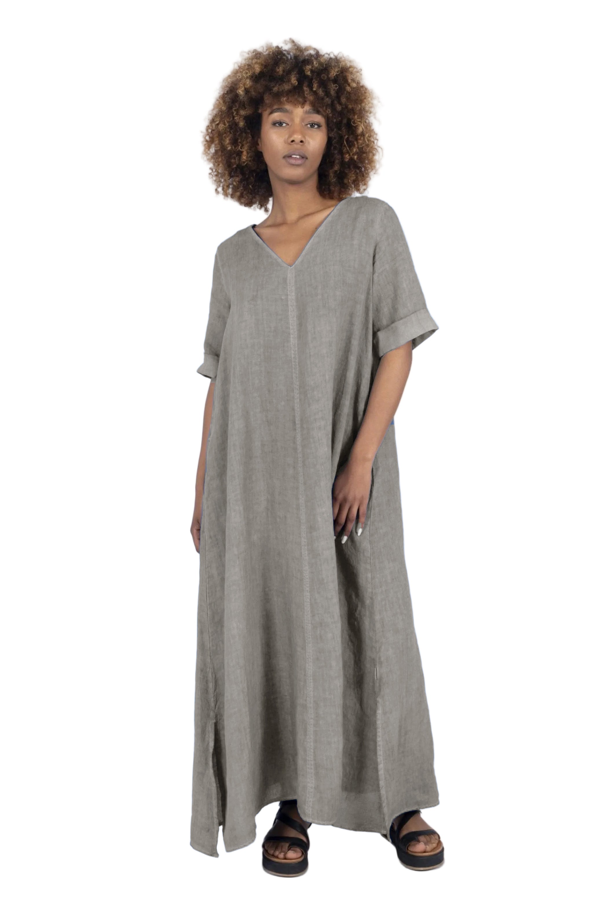 ELEMENTE CLEMENTE V-Neck Linen Dress in Alga