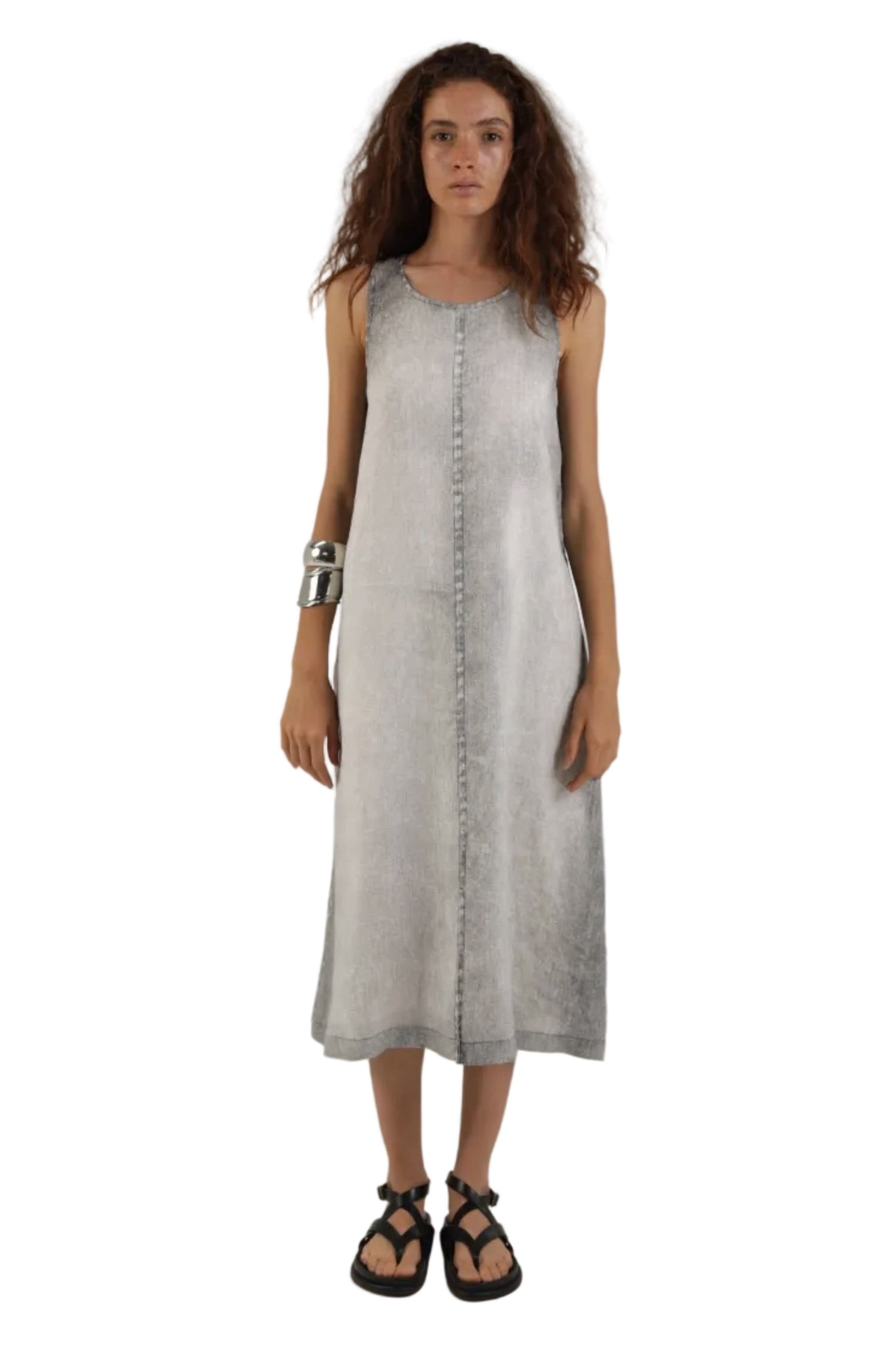ELEMENTE CLEMENTE A-Line Linen Dress in Grey Denim Print