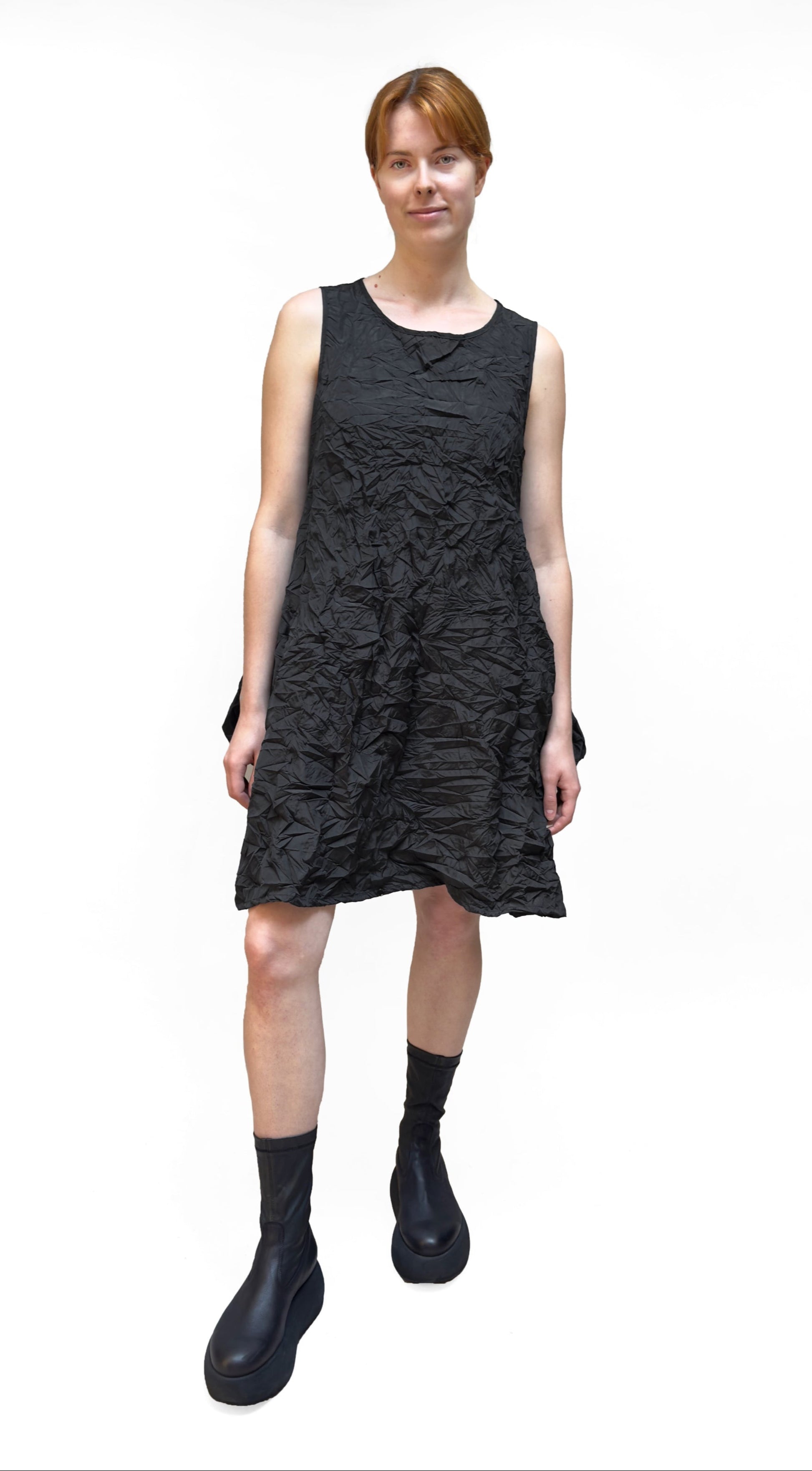 Women's short sleeveless dress from Mama B. Made in Crinkled taffeta fabric. Full view.