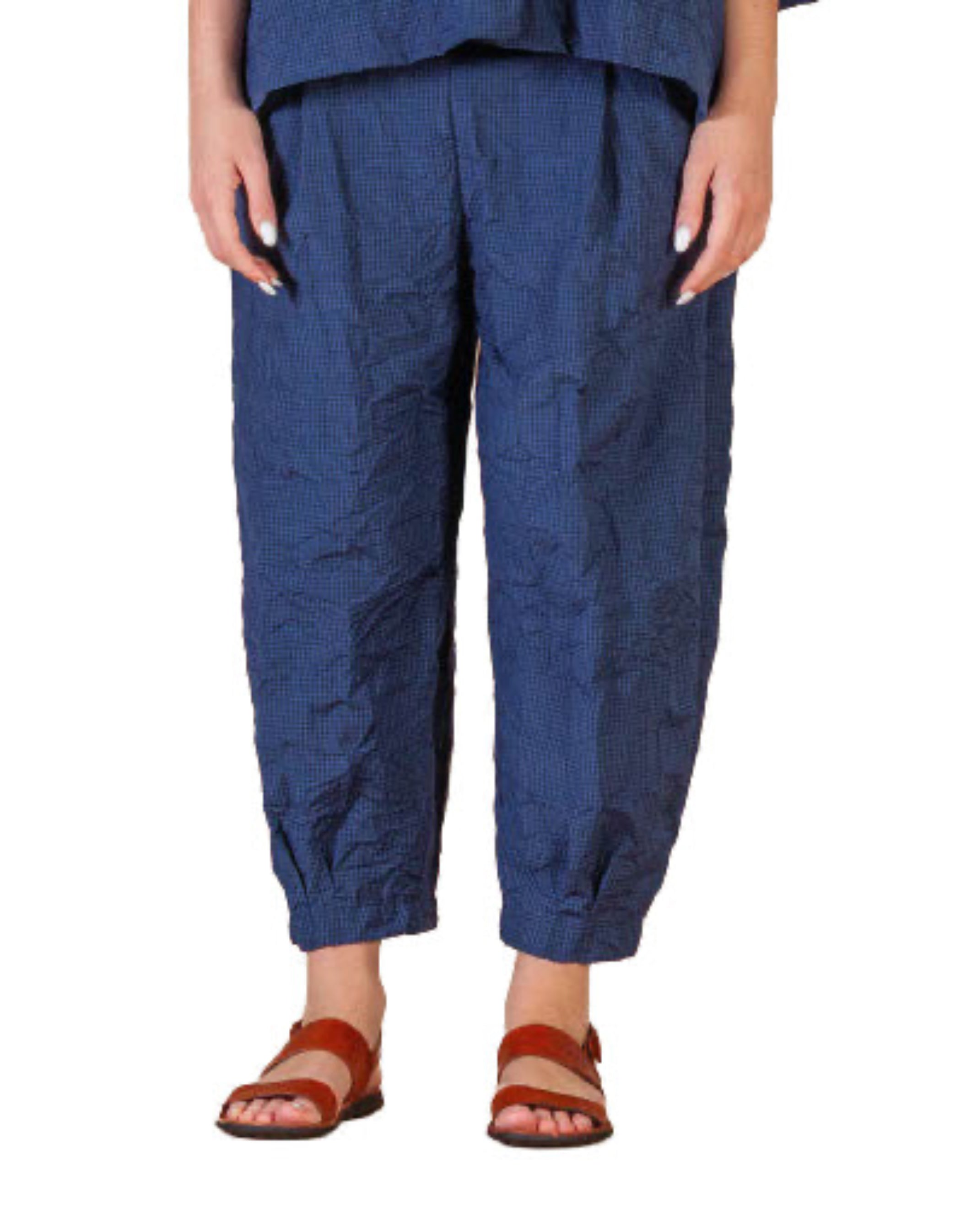Mama B Pull on Crinkle Check Pant in Blue Check