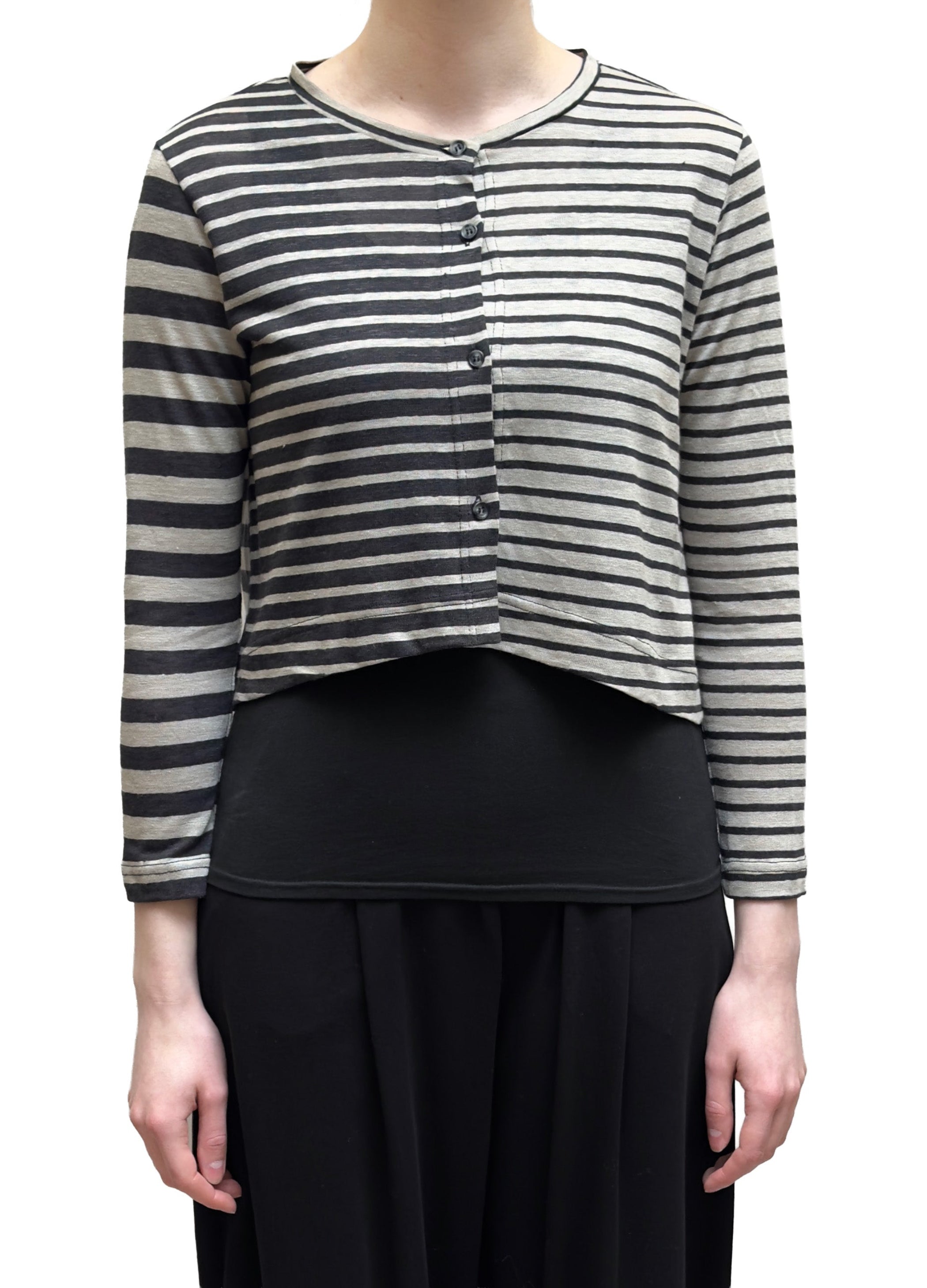 MAMA B Linen-Blend Asymmetric Cropped Cardi in Anthracite Double Stripes