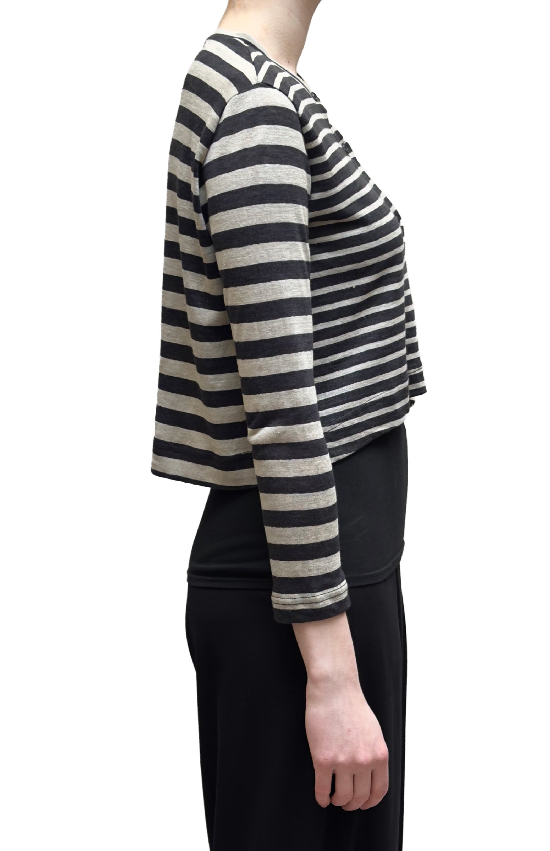 MAMA B Linen-Blend Asymmetric Cropped Cardi in Anthracite Double Stripes