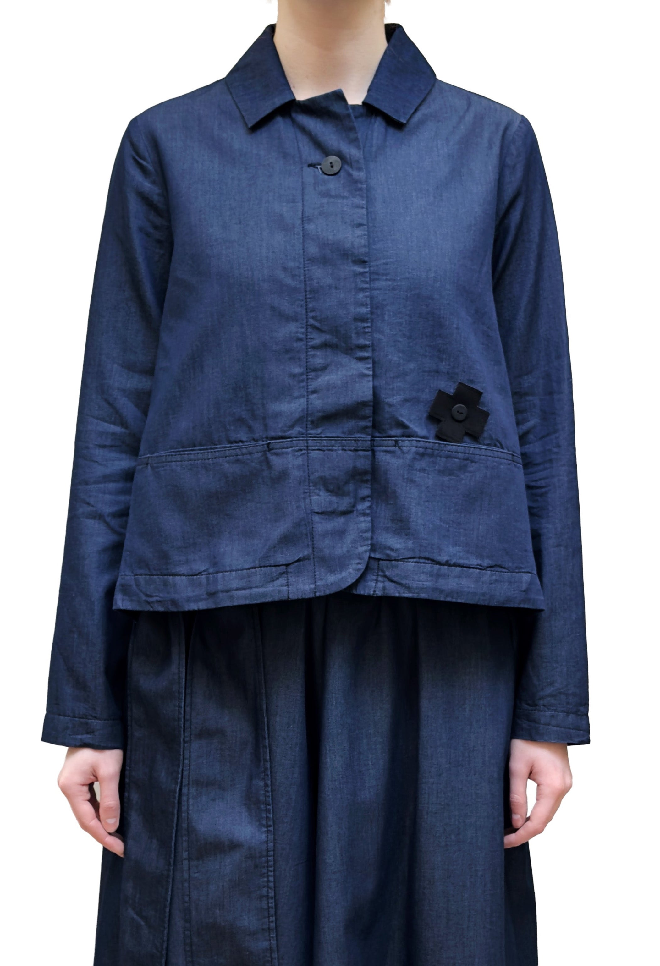 PLU Hi-Lo Pleated Jacket in Blue Denim
