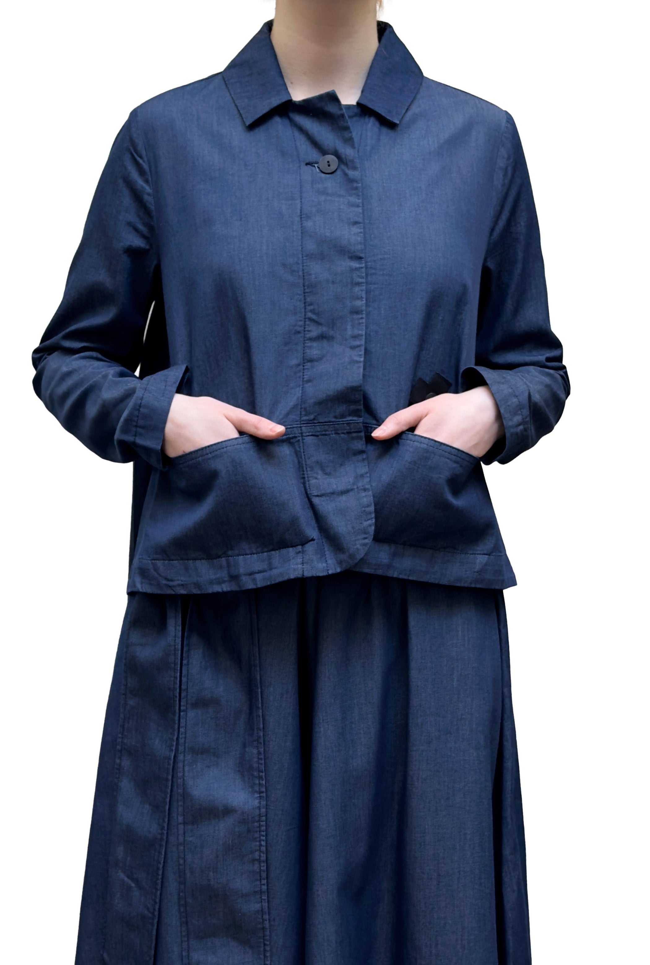 PLU Hi-Lo Pleated Jacket in Blue Denim