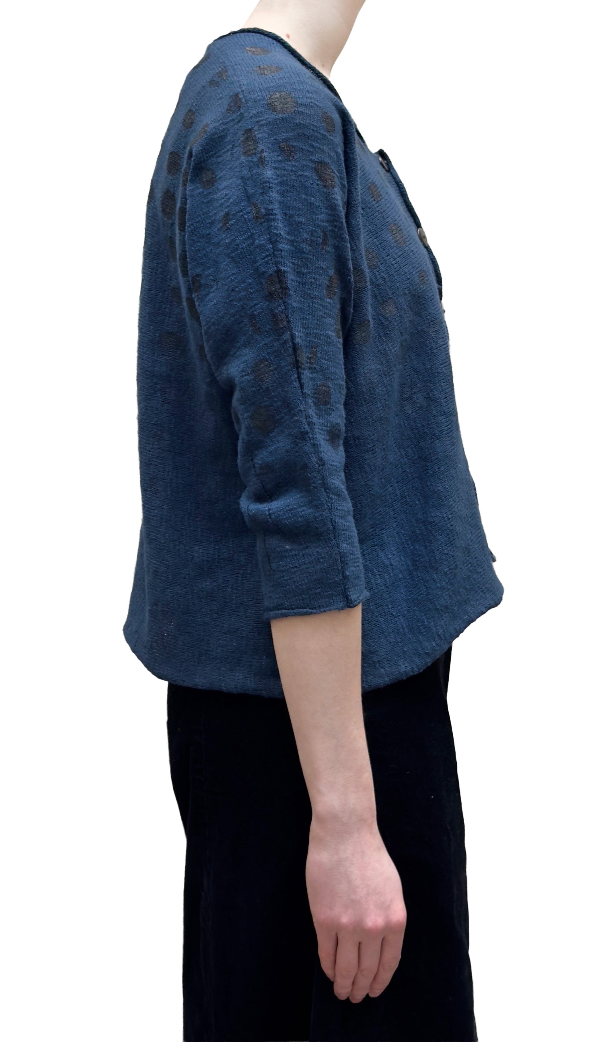 PAPER TEMPLES Cropped Dot Print Ribbed Cardigan In Peacock