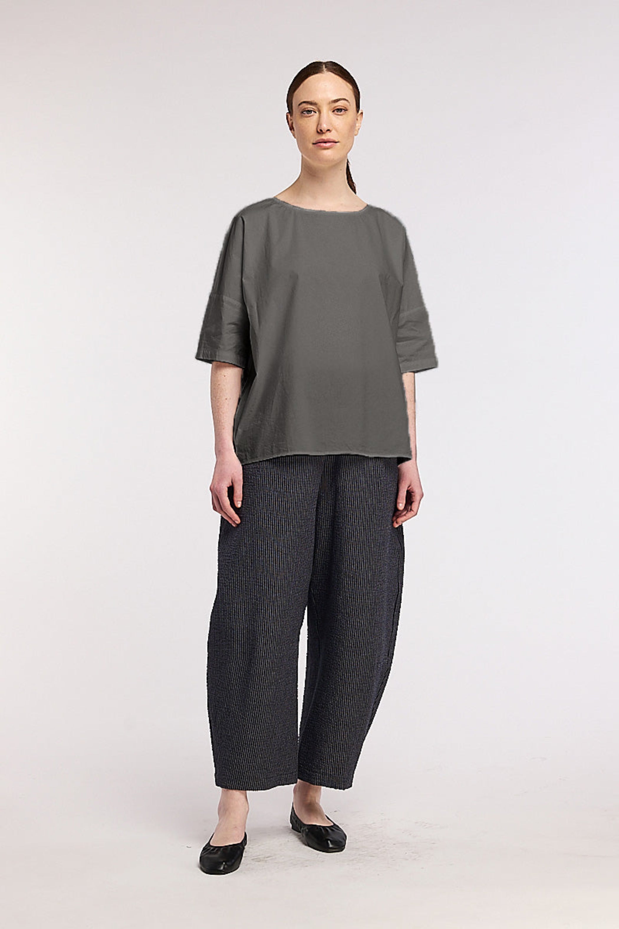 NEIRAMI Cropped Textured Barrel Leg Pant in Pinstripe