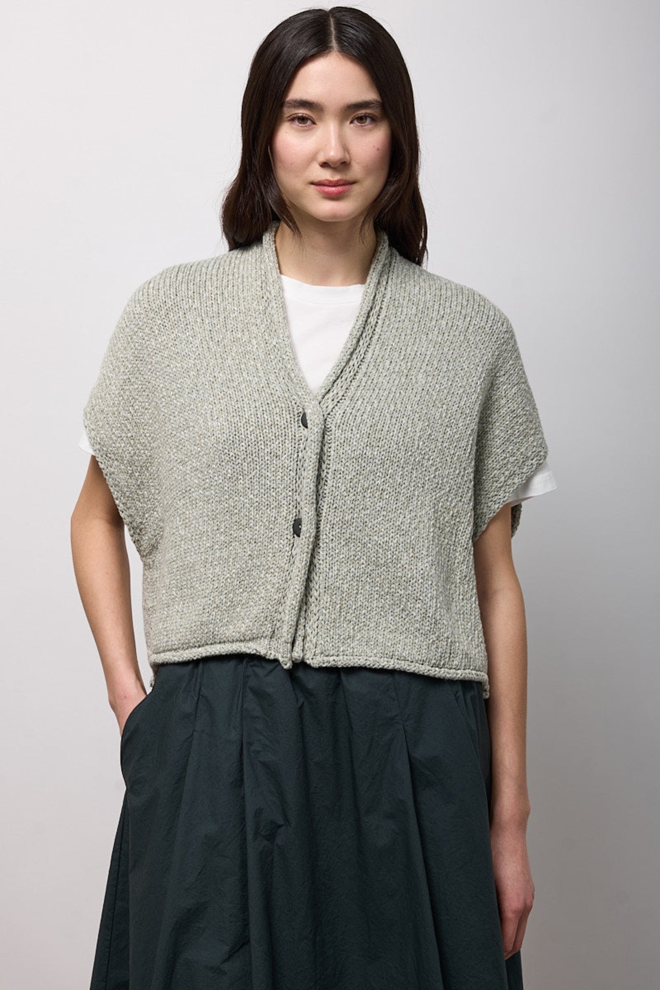 NEIRAMI Two-Button Knit Vest In Soft Green Mix