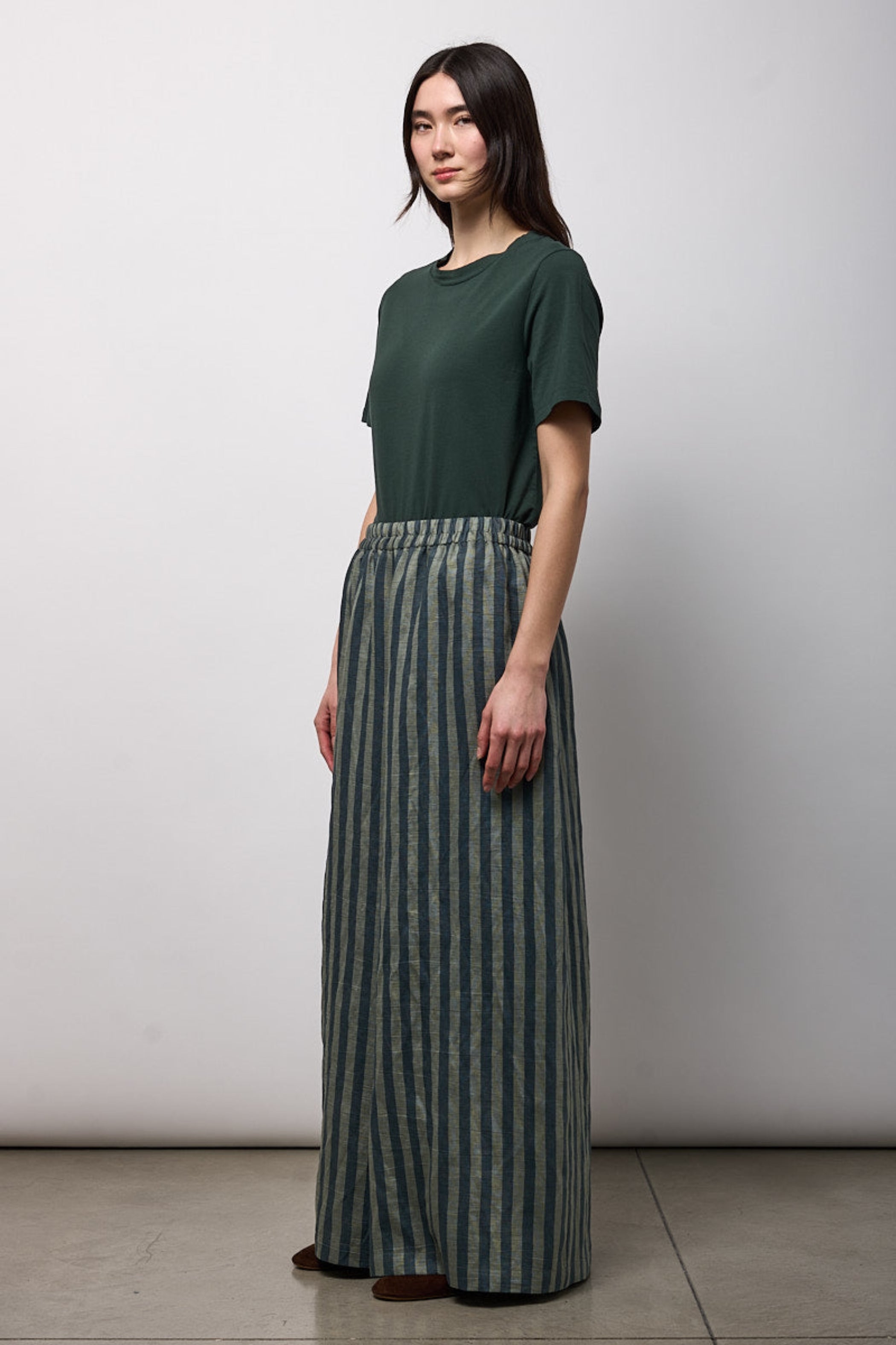 NEIRAMI Long Wide Leg Pant in Eucalyptus Stripes