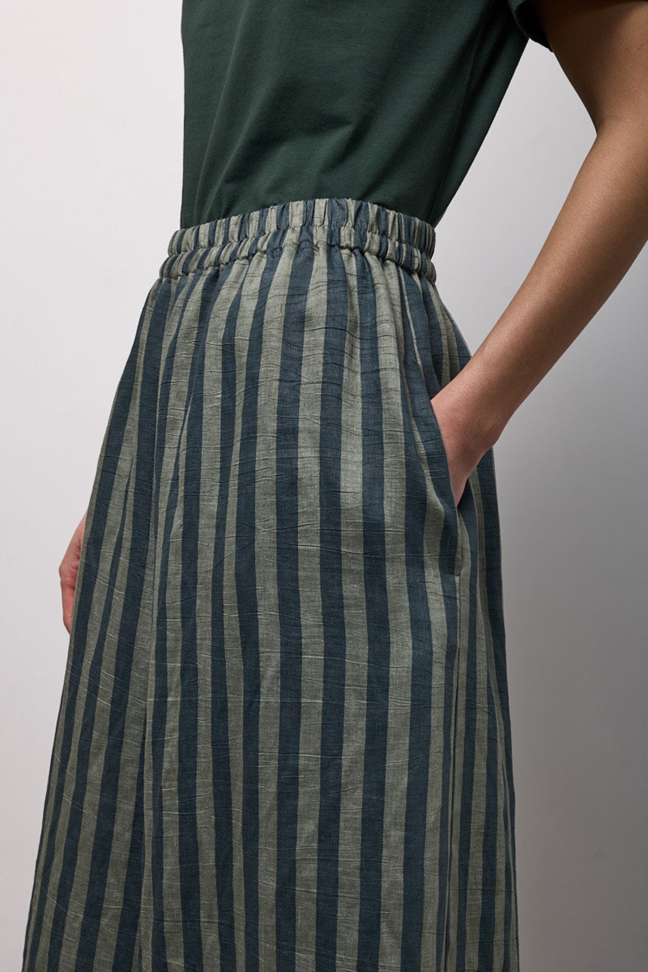 NEIRAMI Long Wide Leg Pant in Eucalyptus Stripes