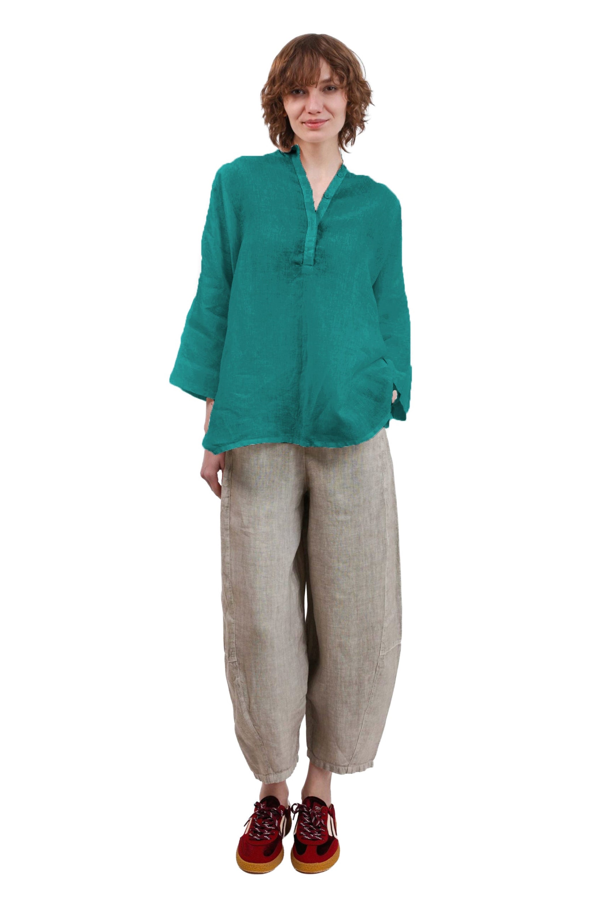 ELEMENTE CLEMENTE Flared Hanky Linen Top in Deep Teal