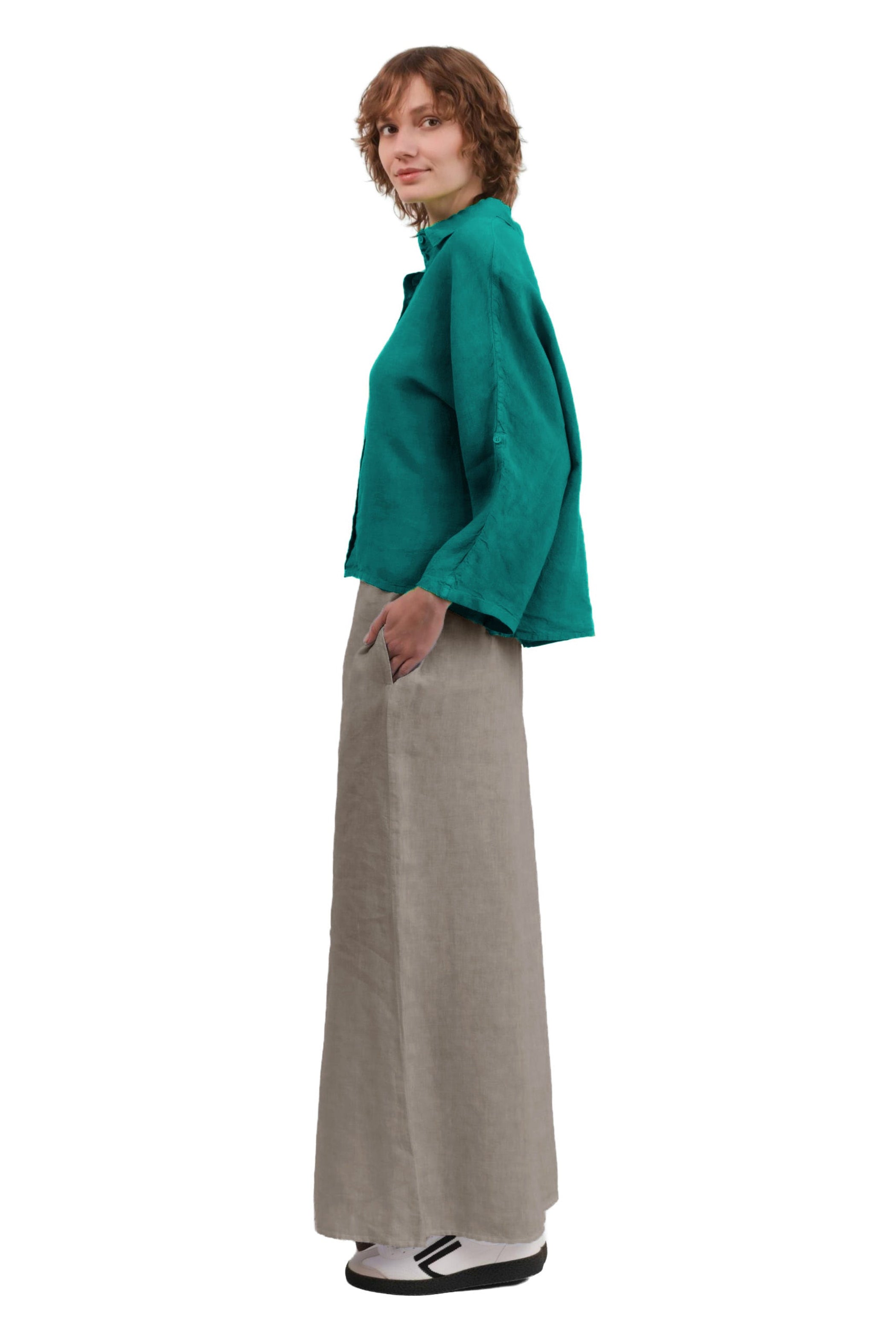 ELEMENTE CLEMENTE Dolman Sleeve Hanky Linen Blouse in Alga