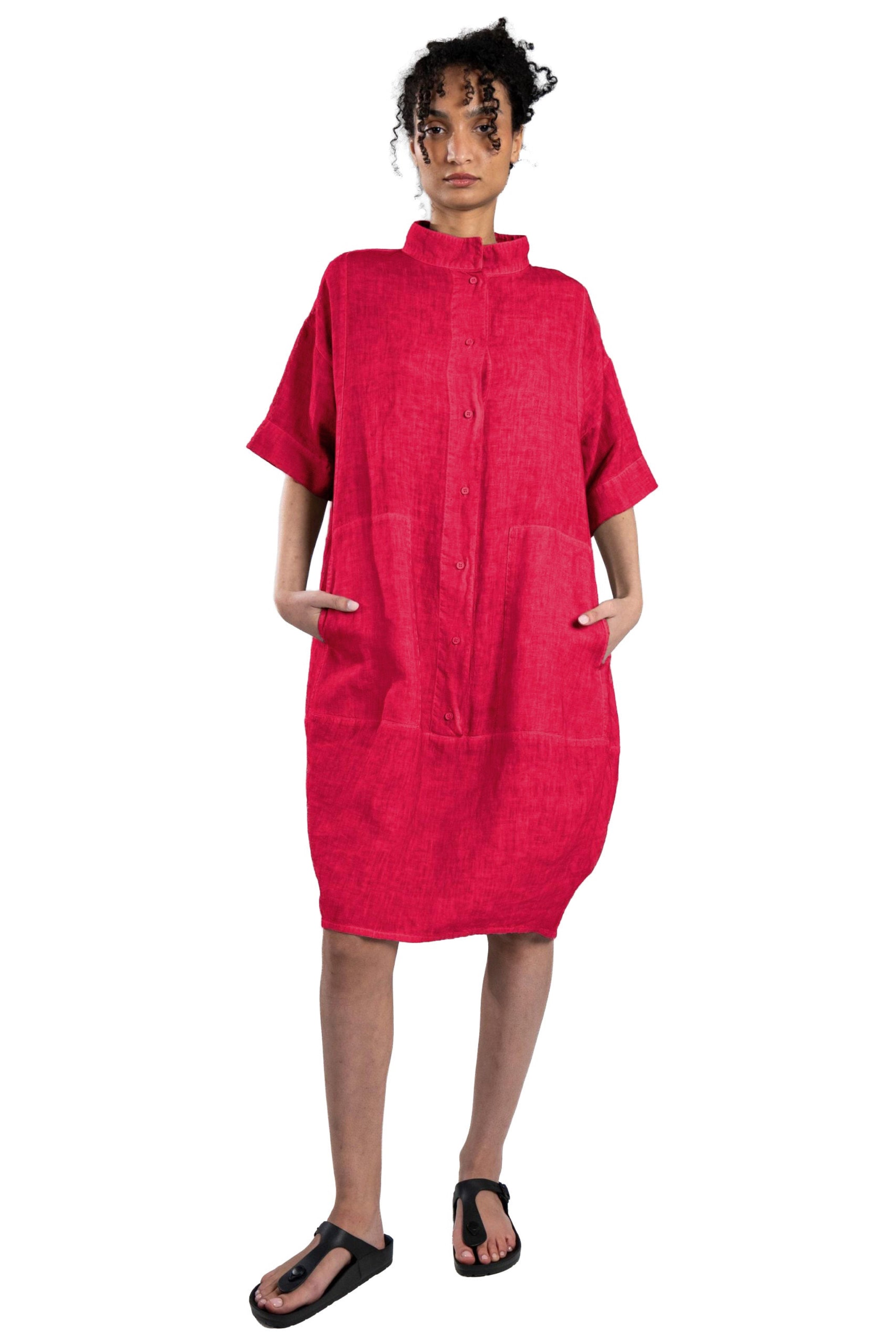 ELEMENTE CLEMENTE Relaxed Bubble Linen Dress in Raspberry