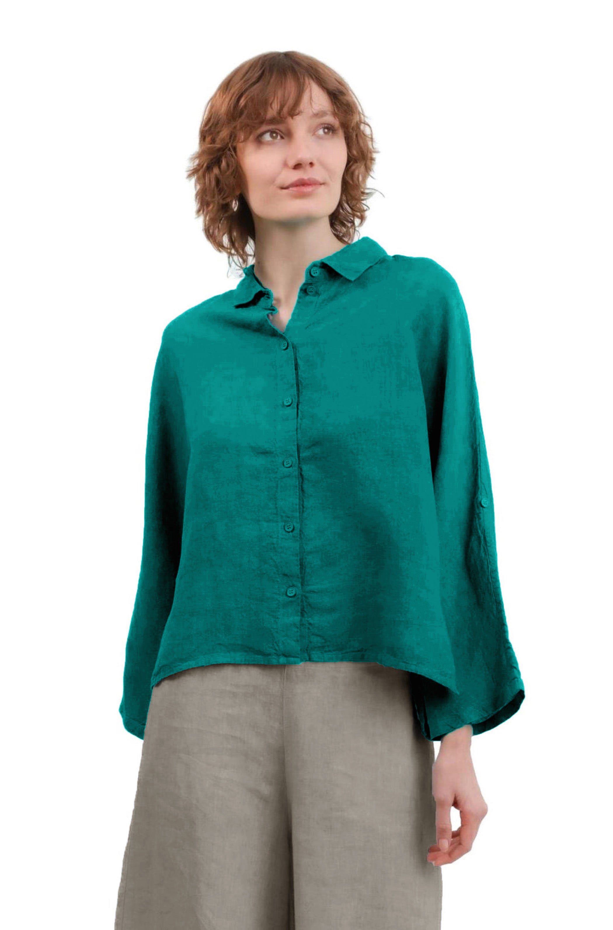 ELEMENTE CLEMENTE Dolman Sleeve Hanky Linen Blouse in Deep Teal