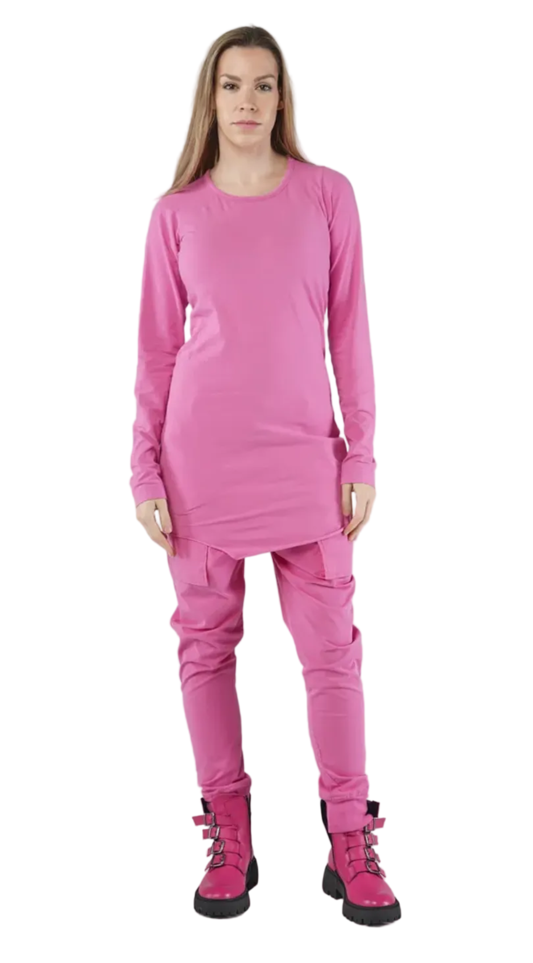 Women's extra long length round neck, long sleeve cotton tee from Black Label. In colour Lily. Front view.  