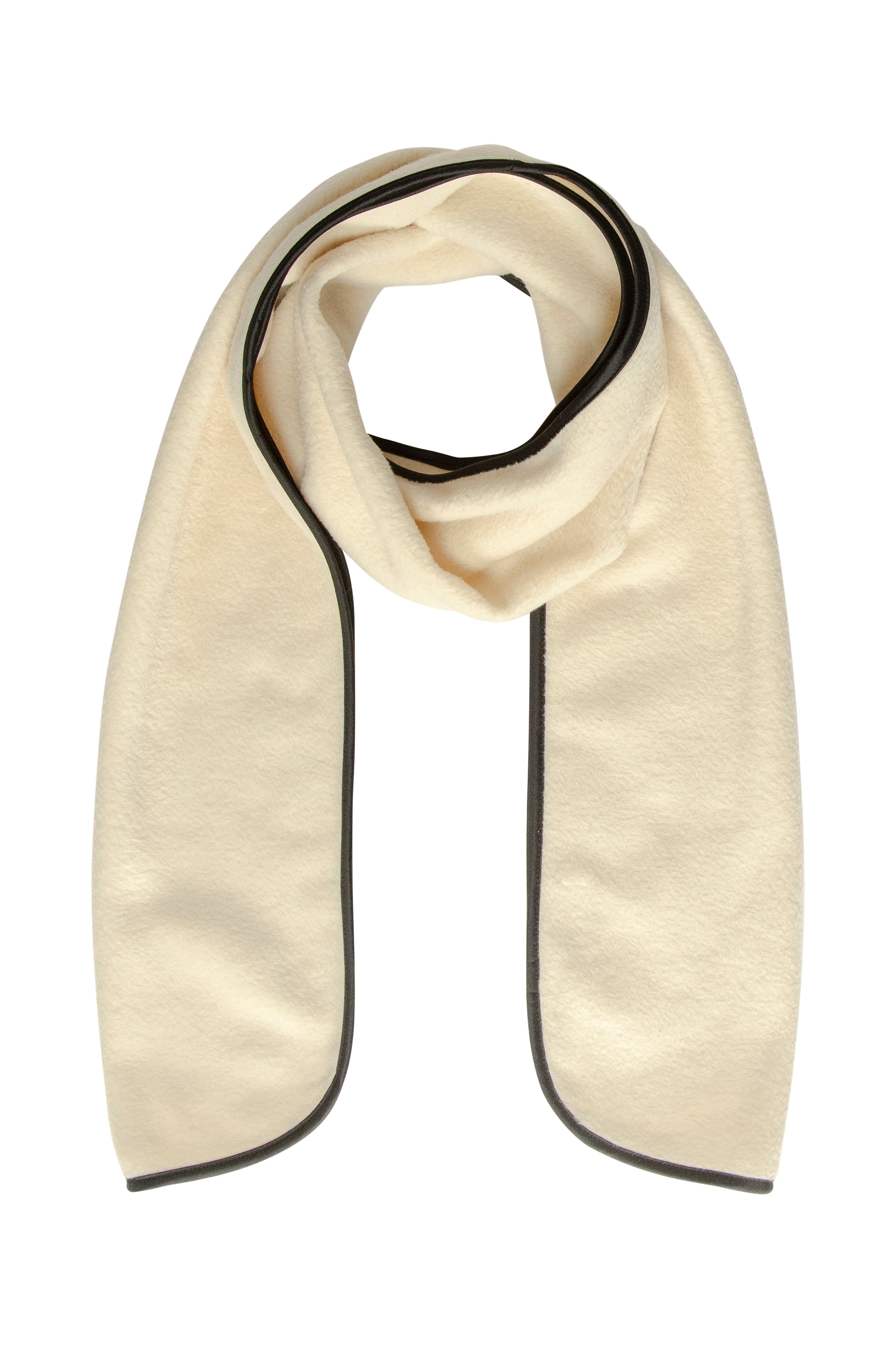 Creme scarf with black trim on a white background