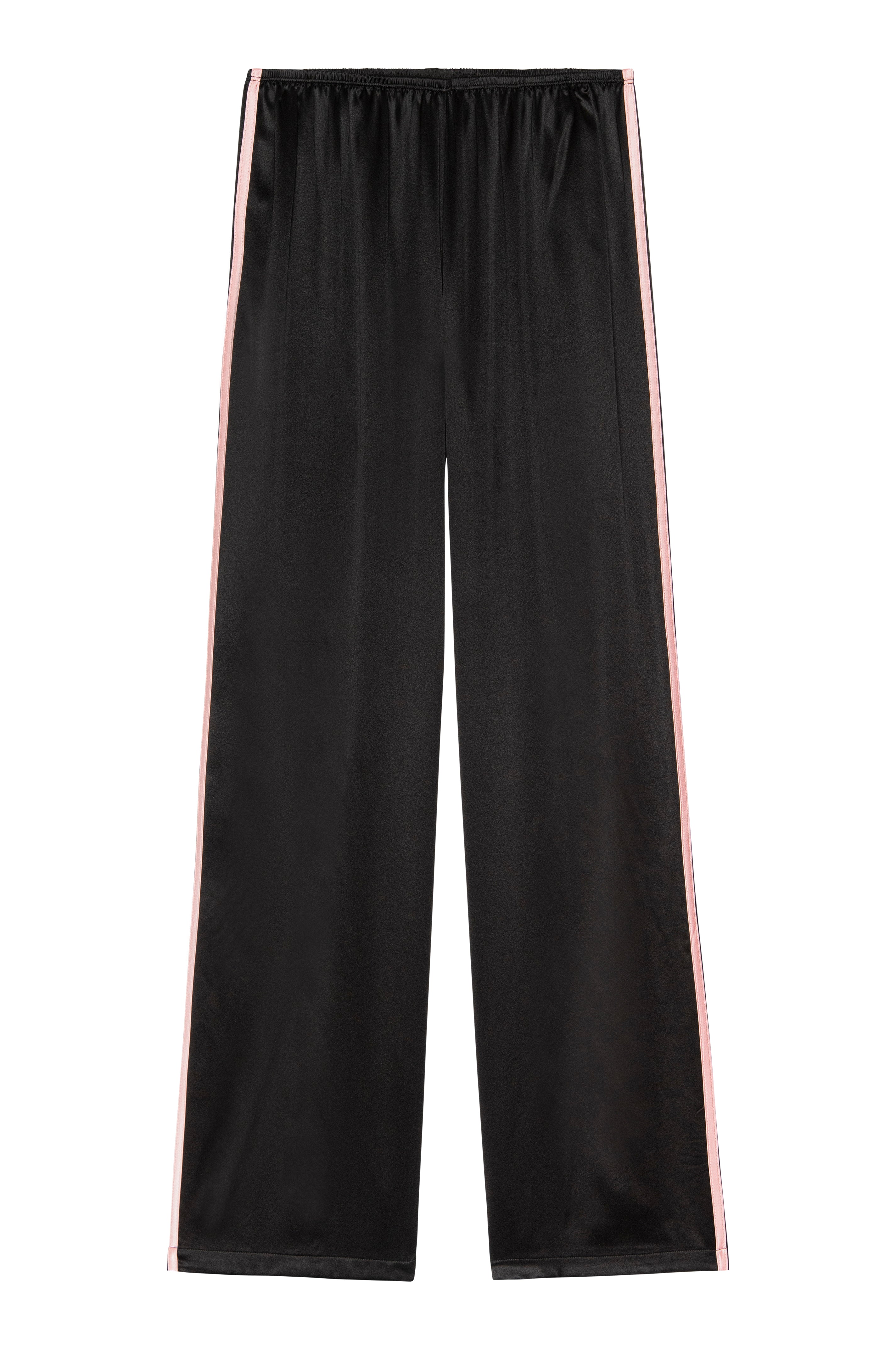 Black pants with pink stripes on a white background