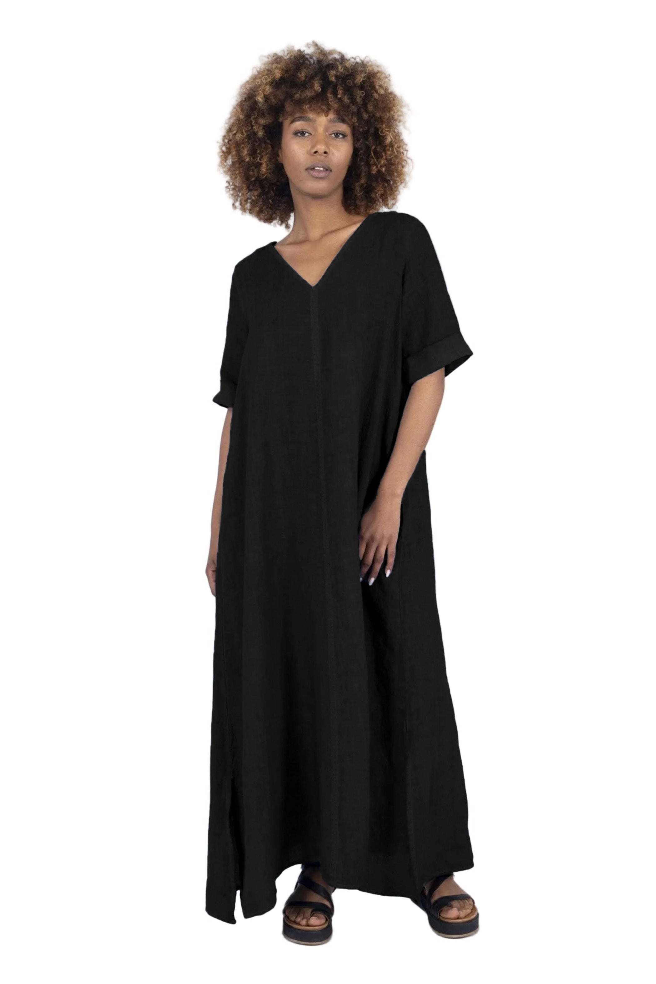 ELEMENTE CLEMENTE V-Neck Linen Dress in Black