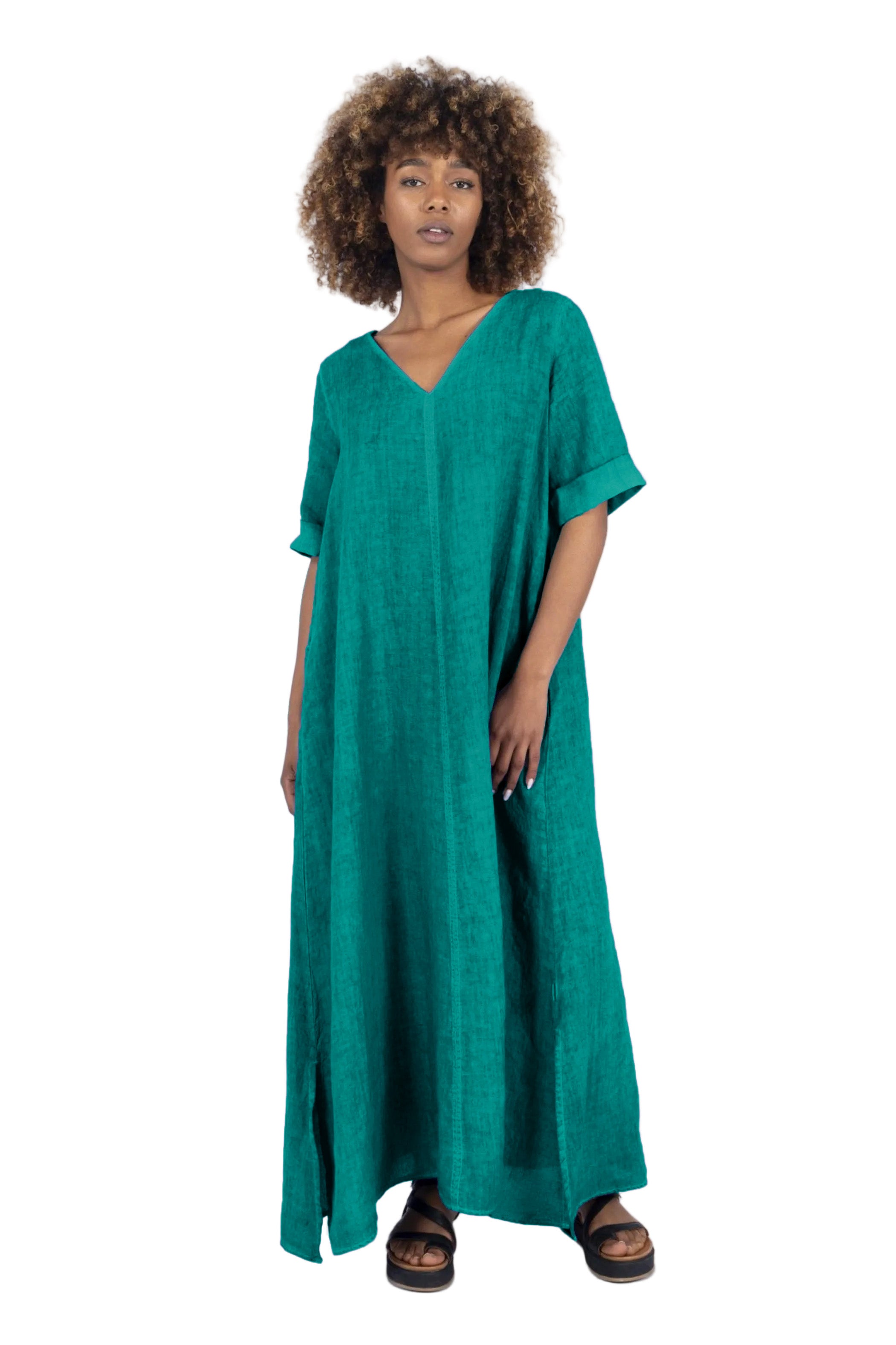ELEMENTE CLEMENTE V-Neck Linen Dress in Deep Teal
