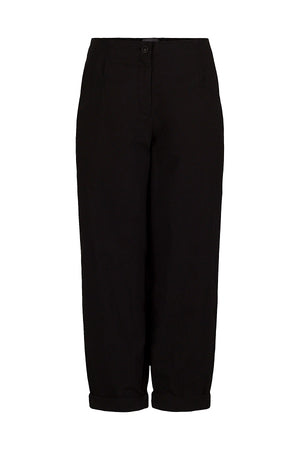 Women's long, cuffed tapered pant, with front button closure, squared pockets, and back elasticized waistband by Oska. In colour black. Front view.