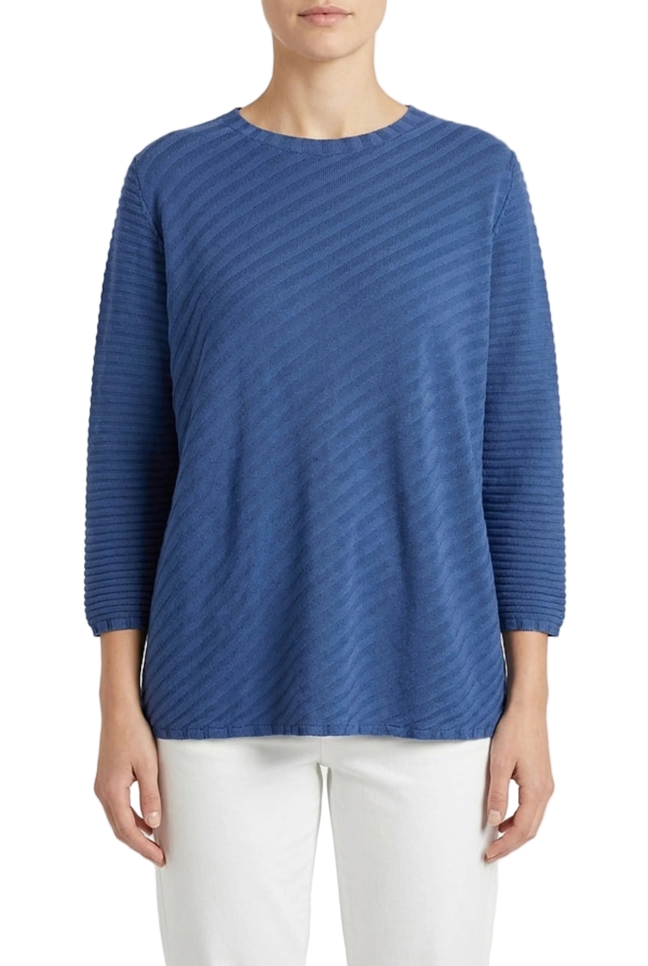 OSKA Long Ribbed Knit Pullover in Denim